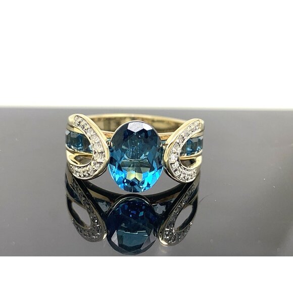 Blue Gemstone Diamond Cocktail Ring 10k Yellow Gold Estate Jewelry Womens Size 6 - Picture 1 of 14